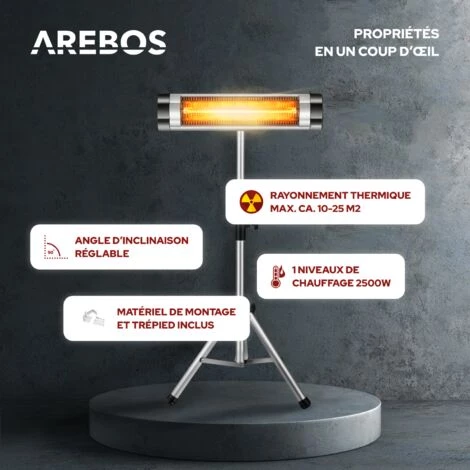 AREBOS Radiateur Infrarouge | Chauffage Radiant Terrasse | Protection IP34 |réglable En Hauteur | Tube Carbone | Murale | 2500W | Inclination 90°| Pied Télescopique | Intérieur Et Extérieur | Argenté - Argent 4 AREBOS Radiateur Infrarouge | Chauffage Radiant Terrasse | Protection IP34 |réglable En Hauteur | Tube Carbone | Murale | 2500W | Inclination 90°| Pied Télescopique | Intérieur Et Extérieur | Argenté - Argent – Image 2