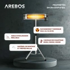AREBOS Chauffage Radiant Infrarouge | Radiateur électrique | 2500 W | Télécommande | Support Transversal | Réglable En Hauteur | Protection IP34 | 3 Niveaux | Fixation Murale | Intérieur Et Extérieur - Argent -Chauffage d'extérieur Soldes 10094378 3