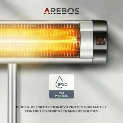 AREBOS Chauffage Radiant Infrarouge | Radiateur électrique | 2500 W | Télécommande | Support Transversal | Réglable En Hauteur | Protection IP34 | 3 Niveaux | Fixation Murale | Intérieur Et Extérieur - Argent -Chauffage d'extérieur Soldes 10094378 4