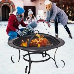 COSTWAY Brasero Exterieur De Jardin Brasero Terrasse En Acier Avec Grille Pare-Etincelles Bol 76 Cm De Diamètre Or Noir -Chauffage d'extérieur Soldes 10735823 2