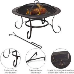 COSTWAY Brasero Exterieur De Jardin Brasero Terrasse En Acier Avec Grille Pare-Etincelles Bol 76 Cm De Diamètre Or Noir -Chauffage d'extérieur Soldes 10735823 3