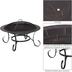 COSTWAY Brasero Exterieur De Jardin Brasero Terrasse En Acier Avec Grille Pare-Etincelles Bol 76 Cm De Diamètre Or Noir -Chauffage d'extérieur Soldes 10735823 4