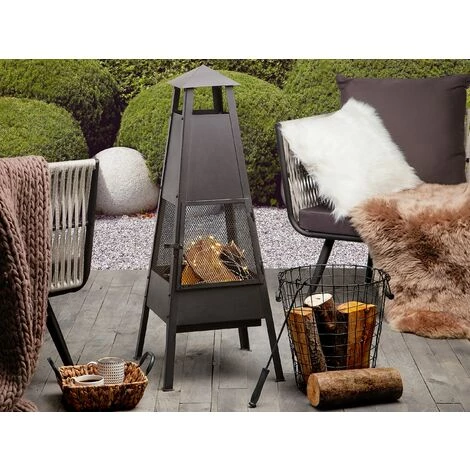 BELIANI Cheminée De Jardin En Acier Noir - Noir 4 BELIANI Cheminée De Jardin En Acier Noir - Noir – Image 2