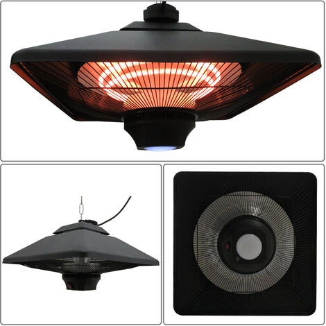 HOMCOM Outsunny Chauffage Radiant Suspendu 43L X 43l X 25H Cm 2 Tubes 1000/2000 W Extérieur Intérieur Télécommande éclairage LED Intégré Noir - Noir 6 HOMCOM Outsunny Chauffage Radiant Suspendu 43L X 43l X 25H Cm 2 Tubes 1000/2000 W Extérieur Intérieur Télécommande éclairage LED Intégré Noir - Noir – Image 4