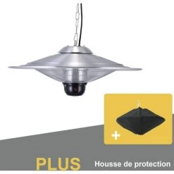 GREADEN - Parasol Chauffant Suspendu Infrarouge SATURN Avec Télécommande Et Une Lampe à LED - Chauffage électrique De Terrasse à Halogène 2100W IP24 - Réglage, Radiateur Jardin/Patio/Tente/Terrasse/Intérieur + Housse - Inox