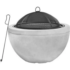 Braséro De Jardin à Bois Chauffage Extérieur Avec Tisonnier Couvercle Grille Charbon BBQ Ciment Gris Teamson Home HR30180AA - Beige