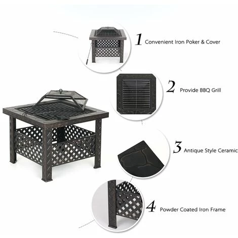 IKAYAA Brasero De Jardin De Plage En Fer Materiel De Table Type Brasero D'hiver Exterieur Avec Filet De Barbecue 4 IKAYAA Brasero De Jardin De Plage En Fer Materiel De Table Type Brasero D'hiver Exterieur Avec Filet De Barbecue – Image 2
