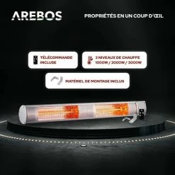 AREBOS Radiateur Infrarouge Extérieur | Chauffage Radiant Terrasse | Protection IP65 | élément Chauffant En Carbone | Angle D´inclination 60° | 3000W | Avec Télécommande| Intérieur Et Extérieur - Argent 9 AREBOS Radiateur Infrarouge Extérieur | Chauffage Radiant Terrasse | Protection IP65 | élément Chauffant En Carbone | Angle D´inclination 60° | 3000W | Avec Télécommande| Intérieur Et Extérieur - Argent -Chauffage d'extérieur Soldes 27421309 3