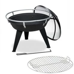 Relaxdays Brasero Avec Grillage, Pare étincelles Et Tisonnier, D: 55 Cm, Brasero De Jardin, En Métal, Noir