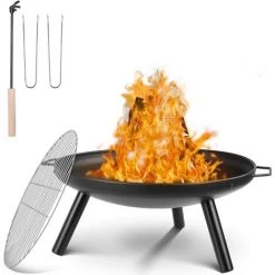 MVPOWER Brasero Chauffage Extérieur Ø 59 Cm BBQ Brasero Pour Jardin Et Camping Avec Grille, Poignées Et Fourchette à Feu, Pieds Détachable, Facile à Installer Et Transporter, 68x59x28.5cm