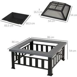 Outsunny Brasero Cheminée Foyer Extérieur Dim 86L X 86l X 54H Cm Grille à Charbon Couvercle Tisonnier Métal Noir - Noir -Chauffage d'extérieur Soldes 30016482 3