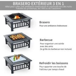 Outsunny Brasero Cheminée Foyer Extérieur Dim 86L X 86l X 54H Cm Grille à Charbon Couvercle Tisonnier Métal Noir - Noir -Chauffage d'extérieur Soldes 30016482 4