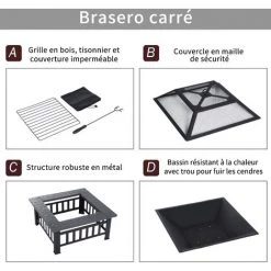 Outsunny Brasero Cheminée Foyer Extérieur Dim 86L X 86l X 54H Cm Grille à Charbon Couvercle Tisonnier Métal Noir - Noir -Chauffage d'extérieur Soldes 30016482 5