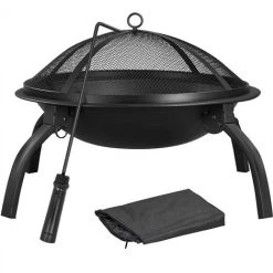 Yaheetech Brasero Extérieur Terrasse Brasero Fer Laminé à Froid Foyer Exterieur Pour Jardin Camp Cour Chauffage Avec Pieds Pliable, 54 Cm De Diamètre, Avec Poker, Grille, Couvercle, Sac De Transport