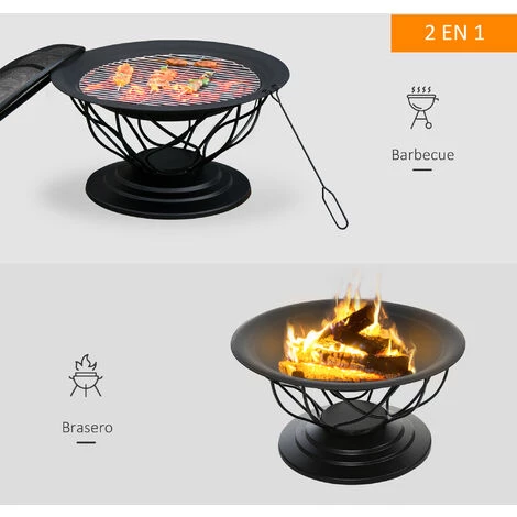 Outsunny Brasero Boule De Feu Cheminée Foyer Extérieur Ø 75 X 55H Cm Grille à Charbon + Cuisson Couvercle Tisonnier Métal Noir - Noir 6 Outsunny Brasero Boule De Feu Cheminée Foyer Extérieur Ø 75 X 55H Cm Grille à Charbon + Cuisson Couvercle Tisonnier Métal Noir - Noir – Image 4
