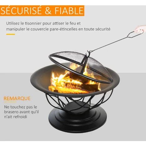 Outsunny Brasero Boule De Feu Cheminée Foyer Extérieur Ø 75 X 55H Cm Grille à Charbon + Cuisson Couvercle Tisonnier Métal Noir - Noir 7 Outsunny Brasero Boule De Feu Cheminée Foyer Extérieur Ø 75 X 55H Cm Grille à Charbon + Cuisson Couvercle Tisonnier Métal Noir - Noir – Image 5