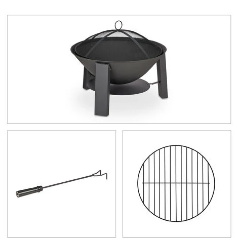 Relaxdays Brasero De Jardin, Avec Pare-étincelles Et Tisonnier, Terrasse, HxD 51x60 Cm, Fonte Et Acier, Bac à Feu, Noir 4 Relaxdays Brasero De Jardin, Avec Pare-étincelles Et Tisonnier, Terrasse, HxD 51x60 Cm, Fonte Et Acier, Bac à Feu, Noir – Image 2