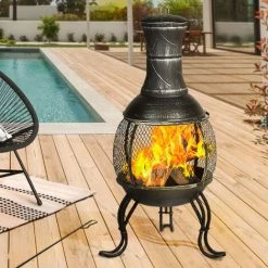 IDMARKET Braséro Mexicain Noir Effet Brossé Cheminée De Terrasse