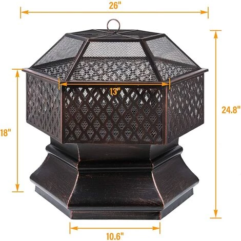 MVPOWER Foyer Extérieur, Cheminée De Jardin Hexagonale De 26 Pouces Avec Couvercle, 66x66x63cm, Avec Grill Et Poker, Pour Chauffage, Barbecue, Rassemblement 4 MVPOWER Foyer Extérieur, Cheminée De Jardin Hexagonale De 26 Pouces Avec Couvercle, 66x66x63cm, Avec Grill Et Poker, Pour Chauffage, Barbecue, Rassemblement – Image 2