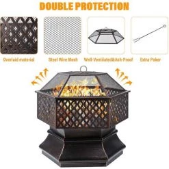 MVPOWER Foyer Extérieur, Cheminée De Jardin Hexagonale De 26 Pouces Avec Couvercle, 66x66x63cm, Avec Grill Et Poker, Pour Chauffage, Barbecue, Rassemblement 10 MVPOWER Foyer Extérieur, Cheminée De Jardin Hexagonale De 26 Pouces Avec Couvercle, 66x66x63cm, Avec Grill Et Poker, Pour Chauffage, Barbecue, Rassemblement -Chauffage d'extérieur Soldes 34116606 4