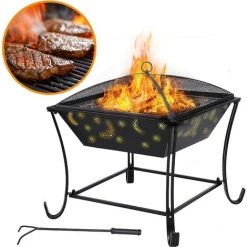 FIXKIT Brasero De Jardin, Foyer Extérieur, Brasero Exterieur, Avec Filet Grillé & Couverture En Treillis Lgnifuge &Tisonnier, Foyer De Chauffage/ Barbecue, 62*61*61 Cm,pour Jardin, Terrasse, Patio