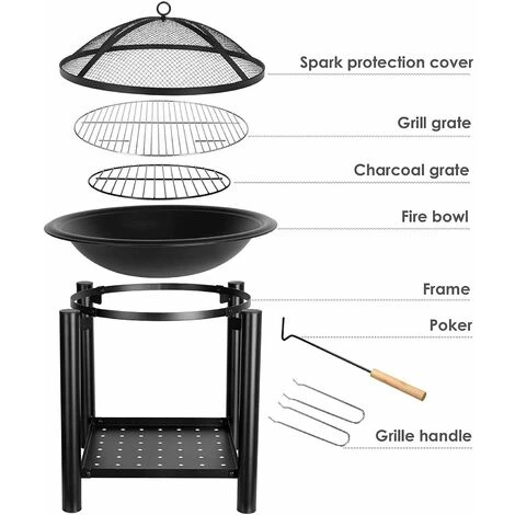 Fixkit Brasero De Jardin, Cheminée Avec Grill, Brasier Extérieur, Barbecue à Charbon De Bois, Avec Tisonnier Et Compartiment De Rangement Pour Bois, Pour Camping, Feu De Camp, Terrasse, Jardin,Ø 54.5cm 4 Fixkit Brasero De Jardin, Cheminée Avec Grill, Brasier Extérieur, Barbecue à Charbon De Bois, Avec Tisonnier Et Compartiment De Rangement Pour Bois, Pour Camping, Feu De Camp, Terrasse, Jardin,Ø 54.5cm – Image 2