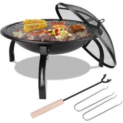 FEMOR Brasero Barbecue, Foyer Barbecue Pliant Et Portable, Brasero Exterieur Terrasse avec Grill & Couvercle & Fourchette à Feu, Pour Chauffage / Barbecue / Camping/ Pique-Nique (54x54x43cm)