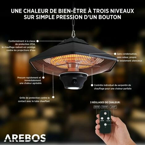 AREBOS Chauffage Infrarouge Plafond | Radiateur électrique Suspendu | | Chauffage De Terrasse (2.000W Avec Télécommande (Hexagonal)) - Noir 5 AREBOS Chauffage Infrarouge Plafond | Radiateur électrique Suspendu | | Chauffage De Terrasse (2.000W Avec Télécommande (Hexagonal)) - Noir – Image 3
