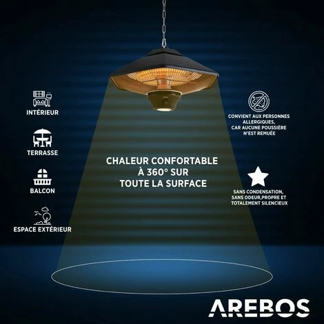 AREBOS Chauffage Infrarouge Plafond | Radiateur électrique Suspendu | | Chauffage De Terrasse (2.000W Avec Télécommande (Hexagonal)) - Noir 7 AREBOS Chauffage Infrarouge Plafond | Radiateur électrique Suspendu | | Chauffage De Terrasse (2.000W Avec Télécommande (Hexagonal)) - Noir – Image 5