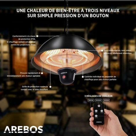 AREBOS Radiateur Plafont | Chauffage Infrarouge | Plafonier Radiant Pour Terrasse | 1500 W | Technologie Low-Glare | Intérieur Et Extérieur | IP34 | 3 Niveaux 500/1000/1500W | Télécommande | Noir - Noir 5 AREBOS Radiateur Plafont | Chauffage Infrarouge | Plafonier Radiant Pour Terrasse | 1500 W | Technologie Low-Glare | Intérieur Et Extérieur | IP34 | 3 Niveaux 500/1000/1500W | Télécommande | Noir - Noir – Image 3