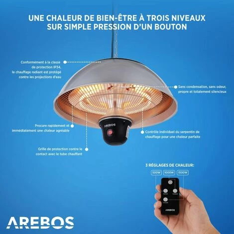 AREBOS Radiateur Infrarouge Plafont | Chauffage Radiant Terrasse | Protection IP34 | Tube Carbone | 1500W | Chaleur 360°| Télecommande | 3 Niveaux | Intérieur Et Extérieur | Argenté - Argent 5 AREBOS Radiateur Infrarouge Plafont | Chauffage Radiant Terrasse | Protection IP34 | Tube Carbone | 1500W | Chaleur 360°| Télecommande | 3 Niveaux | Intérieur Et Extérieur | Argenté - Argent – Image 3