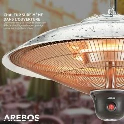 AREBOS Chauffage Radiant De Plafond 2.000 W | 3 Réglages De Chaleur | Argent | Avec Lampe LED + Télécommande Chauffage Radiant Infrarouge Chauffage De Terrasse 10 AREBOS Chauffage Radiant De Plafond 2.000 W | 3 Réglages De Chaleur | Argent | Avec Lampe LED + Télécommande Chauffage Radiant Infrarouge Chauffage De Terrasse -Chauffage d'extérieur Soldes 39581585 4