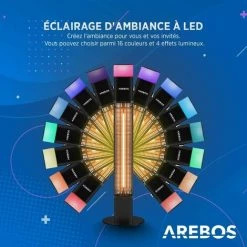 AREBOS Radiateur Infrarouge | Chauffage Radiant électrique | 1500W | LED 16 Couleurs | Intérieur Et Extérieur |sol| Avec Pied Et Télécommande | Noir - Noir -Chauffage d'extérieur Soldes 39605869 4