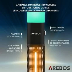 AREBOS Radiateur Infrarouge | Chauffage Radiant électrique | 1500W | LED 16 Couleurs | Intérieur Et Extérieur |sol| Avec Pied Et Télécommande | Noir - Noir -Chauffage d'extérieur Soldes 39605869 5