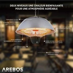 AREBOS Chauffage Infrarouge Plafond | Radiateur électrique Suspendu | Rond | Matériel De Montage Incl. | Chauffage De Terrasse | 2 Niveaux 750 W / 1500 W | Extérieuer Et Intérieur | Argenté - Argent 9 AREBOS Chauffage Infrarouge Plafond | Radiateur électrique Suspendu | Rond | Matériel De Montage Incl. | Chauffage De Terrasse | 2 Niveaux 750 W / 1500 W | Extérieuer Et Intérieur | Argenté - Argent -Chauffage d'extérieur Soldes 39669676 3