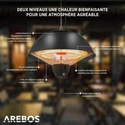 AREBOS Chauffage Infrarouge Plafond | Radiateur électrique Suspendu | | Chauffage De Terrasse (1.500W Avec Interrupteur à Tirette (Noir)) - Noir -Chauffage d'extérieur Soldes 39669678 3