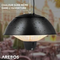 AREBOS Chauffage Infrarouge Plafond | Radiateur électrique Suspendu | | Chauffage De Terrasse (1.500W Avec Interrupteur à Tirette (Noir)) - Noir -Chauffage d'extérieur Soldes 39669678 4