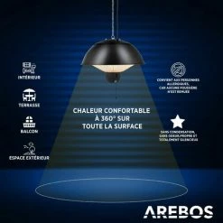 AREBOS Chauffage Infrarouge Plafond | Radiateur électrique Suspendu | | Chauffage De Terrasse (1.500W Avec Interrupteur à Tirette (Noir)) - Noir -Chauffage d'extérieur Soldes 39669678 5