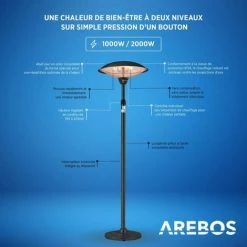 AREBOS Chauffage Infrarouge Sur Pied | Radiateur Terrasse électrique | 2 Niveaux | 2 Tubes De Chauffage | Tige Télescopique Réglable En Hauteur | Interrupteur à Bascule | Rayonnement Thermique 360° 9 AREBOS Chauffage Infrarouge Sur Pied | Radiateur Terrasse électrique | 2 Niveaux | 2 Tubes De Chauffage | Tige Télescopique Réglable En Hauteur | Interrupteur à Bascule | Rayonnement Thermique 360° -Chauffage d'extérieur Soldes 39838093 3