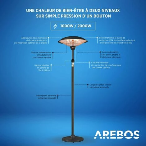 AREBOS Chauffage Infrarouge Sur Pied | Radiateur Terrasse électrique | 2 Niveaux | 2 Tubes De Chauffage | Tige Télescopique Réglable En Hauteur | Interrupteur à Bascule | Rayonnement Thermique 360° 5 AREBOS Chauffage Infrarouge Sur Pied | Radiateur Terrasse électrique | 2 Niveaux | 2 Tubes De Chauffage | Tige Télescopique Réglable En Hauteur | Interrupteur à Bascule | Rayonnement Thermique 360° – Image 3