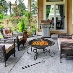 GOPLUS Brasero Extérieur En Métal Avec Poker Et Couvercle De Protection, Foyer De Chauffage/Barbecue Pour Jardin Avec Grille De Fer -Chauffage d'extérieur Soldes 40243017 3