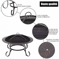 GOPLUS Brasero Extérieur En Métal Avec Poker Et Couvercle De Protection, Foyer De Chauffage/Barbecue Pour Jardin Avec Grille De Fer -Chauffage d'extérieur Soldes 40243017 4