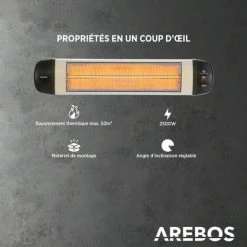 AREBOS Hauffage Radiant Infrarouge 2500 W | Radiateur Terrasse | Télécommande | 3 Réglages De Chaleur | Matériel De Montage Inclus | Murale | Inclination 90° | Chauffage De Plafond | Argenté - Argent 9 AREBOS Hauffage Radiant Infrarouge 2500 W | Radiateur Terrasse | Télécommande | 3 Réglages De Chaleur | Matériel De Montage Inclus | Murale | Inclination 90° | Chauffage De Plafond | Argenté - Argent -Chauffage d'extérieur Soldes 40467620 3