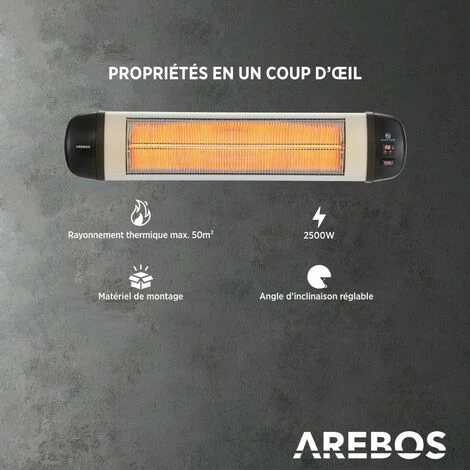 AREBOS Hauffage Radiant Infrarouge 2500 W | Radiateur Terrasse | Télécommande | 3 Réglages De Chaleur | Matériel De Montage Inclus | Murale | Inclination 90° | Chauffage De Plafond | Argenté - Argent 5 AREBOS Hauffage Radiant Infrarouge 2500 W | Radiateur Terrasse | Télécommande | 3 Réglages De Chaleur | Matériel De Montage Inclus | Murale | Inclination 90° | Chauffage De Plafond | Argenté - Argent – Image 3