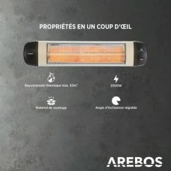 AREBOS Chauffage Radiant Infrarouge 2500 W | Radiateur électrique| Protection IP34 | Réglable à L'infini | Fixation Murale | Chauffage De Patio | Argenté - Argent 9 AREBOS Chauffage Radiant Infrarouge 2500 W | Radiateur électrique| Protection IP34 | Réglable à L'infini | Fixation Murale | Chauffage De Patio | Argenté - Argent -Chauffage d'extérieur Soldes 40897603 3