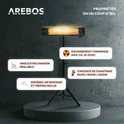 AREBOS Chauffage Radiant Infrarouge | Radiateur électrique | 2500 W | Télécommande | Support Transversal | Réglable En Hauteur | Protection IP20 | 3 Niveaux | Fixation Murale | Intérieur Et Extérieur | Noir - Noir -Chauffage d'extérieur Soldes 41380938 3