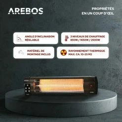 AREBOS Radiateur Infrarouge | Chauffage Radiant Terrasse | Protection IP20 | Tube Carbone | Murale | 2500W | Inclination 90°| Télecommande | 3 Niveaux | Intérieur Et Extérieur | Noir 9 AREBOS Radiateur Infrarouge | Chauffage Radiant Terrasse | Protection IP20 | Tube Carbone | Murale | 2500W | Inclination 90°| Télecommande | 3 Niveaux | Intérieur Et Extérieur | Noir -Chauffage d'extérieur Soldes 41380942 3