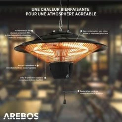 AREBOS Chauffage Radiant Monté Au Plafond | Chauffage De Balcon | Chauffage De Tente | Chauffage De Patio | Puissance De 1500W | Chaleur à 360° | Technologie Anti-reflet | Suspension |Noir - Noir -Chauffage d'extérieur Soldes 41447830 3