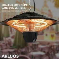 AREBOS Chauffage Radiant Monté Au Plafond | Chauffage De Balcon | Chauffage De Tente | Chauffage De Patio | Puissance De 1500W | Chaleur à 360° | Technologie Anti-reflet | Suspension |Noir - Noir -Chauffage d'extérieur Soldes 41447830 4