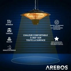 AREBOS Chauffage Radiant Monté Au Plafond | Chauffage De Balcon | Chauffage De Tente | Chauffage De Patio | Puissance De 1500W | Chaleur à 360° | Technologie Anti-reflet | Suspension |Noir - Noir -Chauffage d'extérieur Soldes 41447830 5